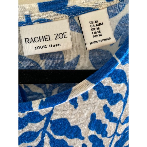 Rachel Zoe Blue White Linen Leaf Print Top Short Sleeve Blouse Women's M - Picture 3 of 9